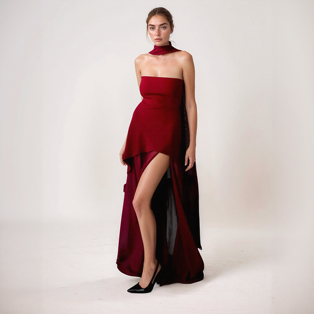 Nelly | Elegant Long Dress – Asymmetrical Cut and Integrated Scarf