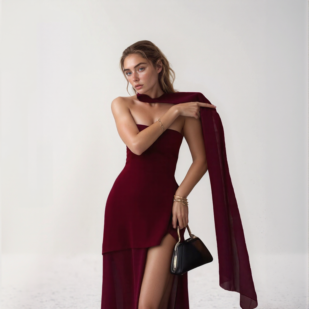 Nelly | Elegant Long Dress – Asymmetrical Cut and Integrated Scarf