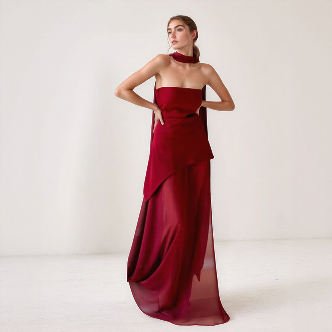 Nelly | Elegant Long Dress – Asymmetrical Cut and Integrated Scarf