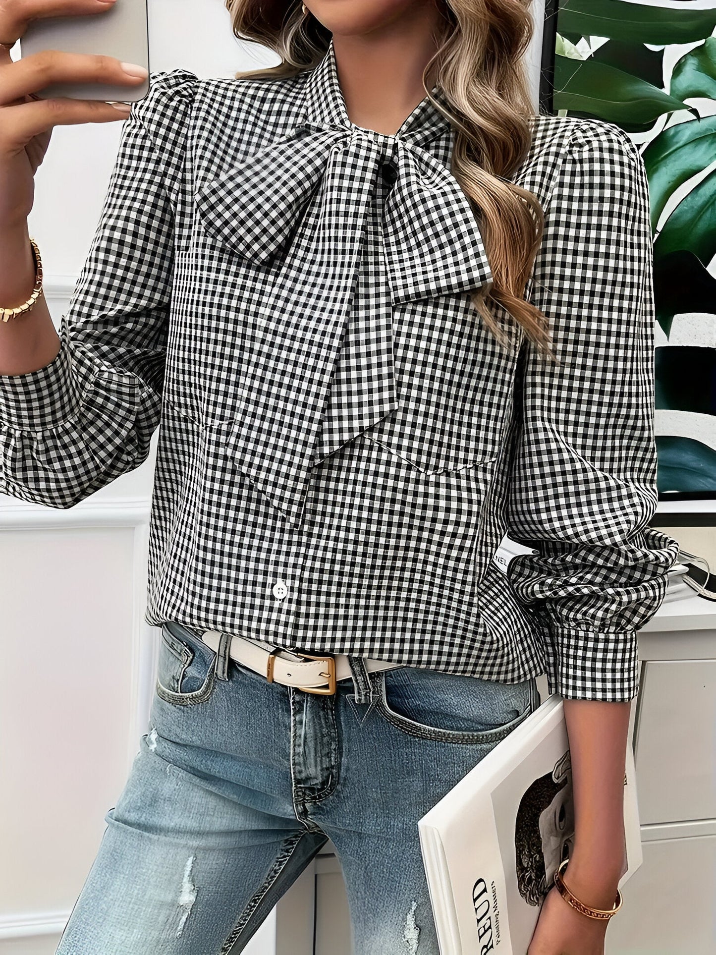 Cézanne | Elegant Checkered Blouse with Bow Tie 