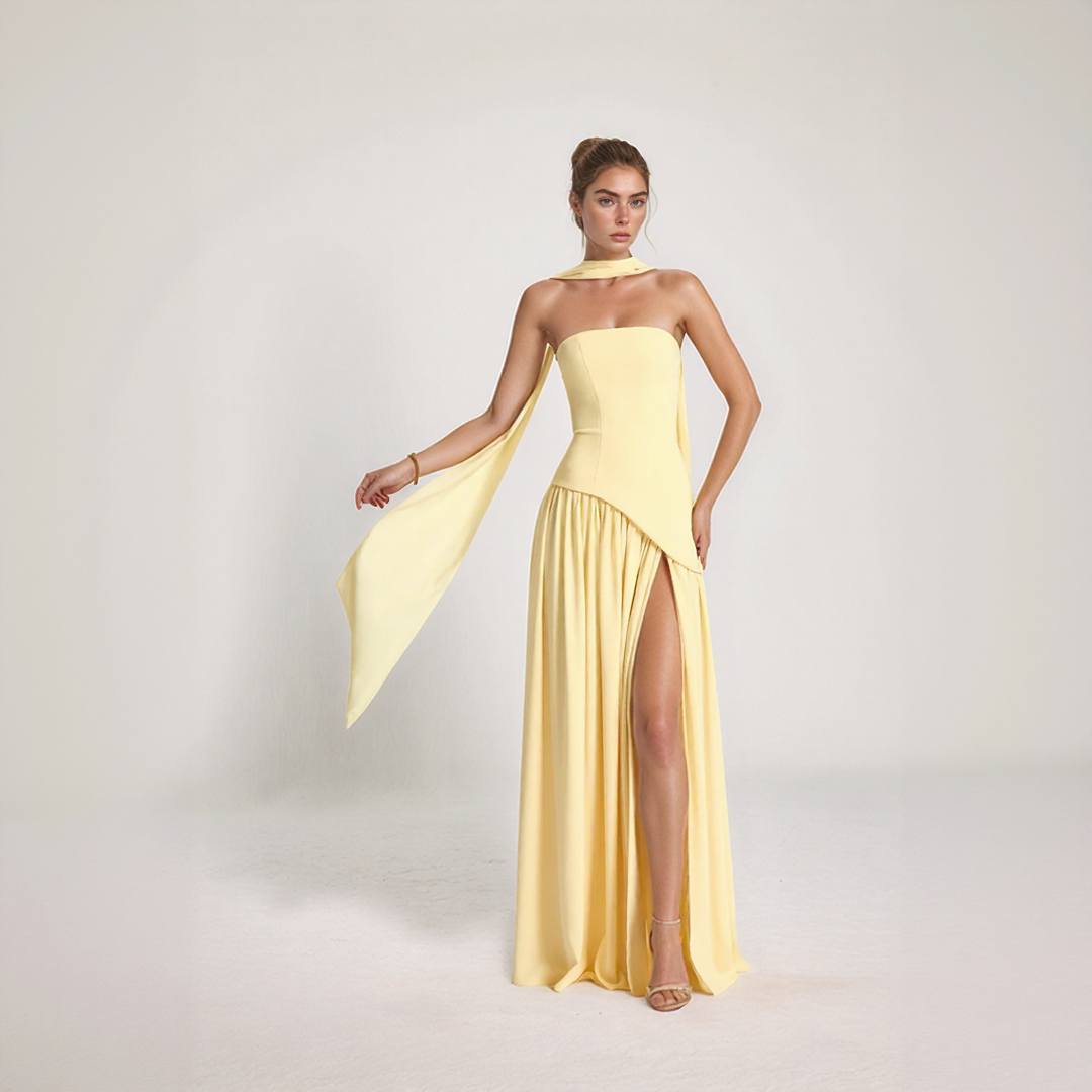 Janine | Long Corset Dress – Sculpted Elegance and Bold Slit 