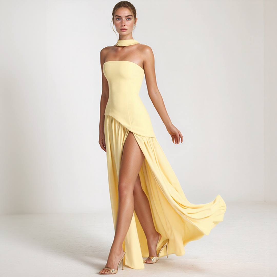 Janine | Long Corset Dress – Sculpted Elegance and Bold Slit 