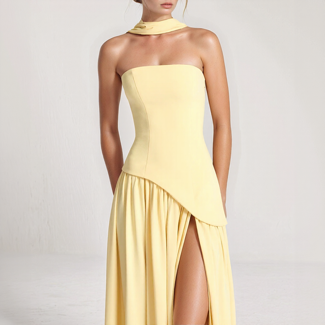 Janine | Long Corset Dress – Sculpted Elegance and Bold Slit 