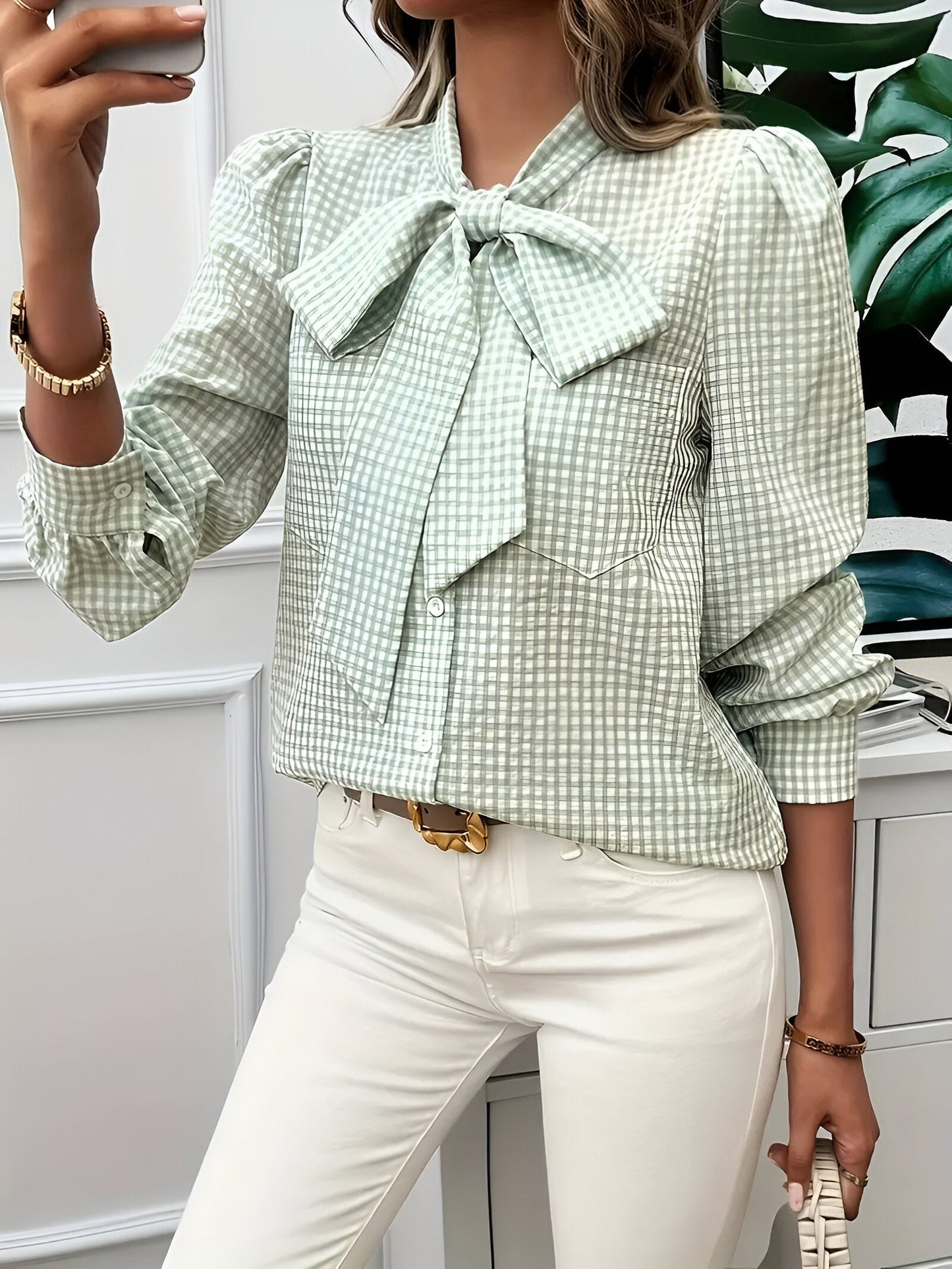 Cézanne | Elegant Checkered Blouse with Bow Tie 