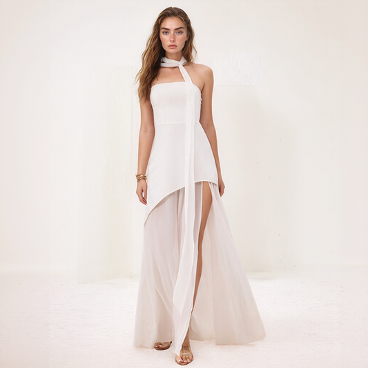 Nelly | Elegant Long Dress – Asymmetrical Cut and Integrated Scarf 