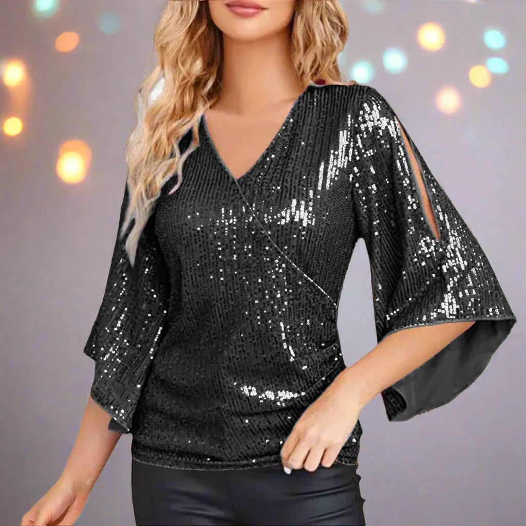 Céline | Glamour-Bluse – Ausgestellte Ärmel und glitzernde Details 
