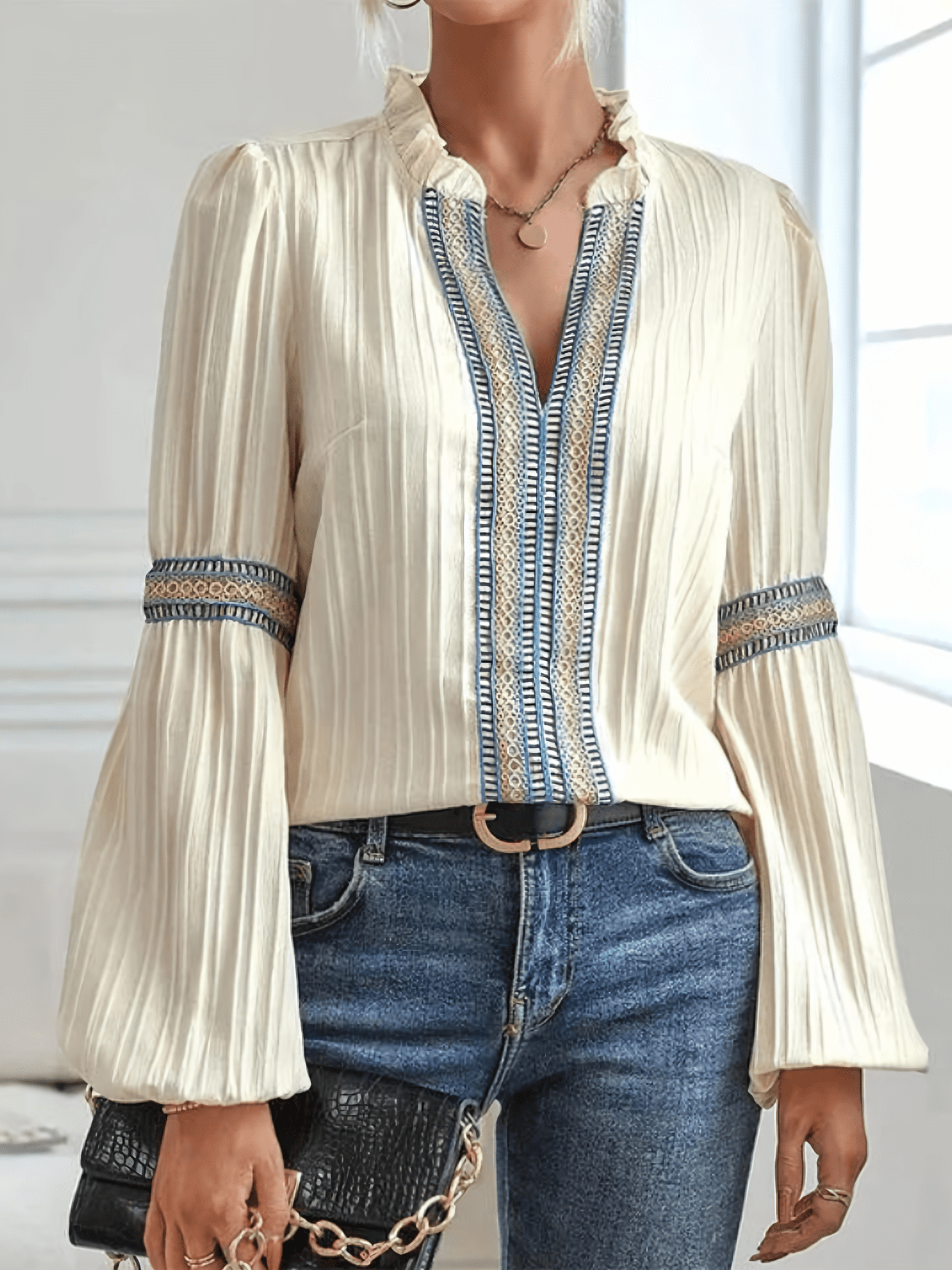 Margaux | Bluse Chic Kvinde – Flæsekrave Og Puffede Ærmer 
