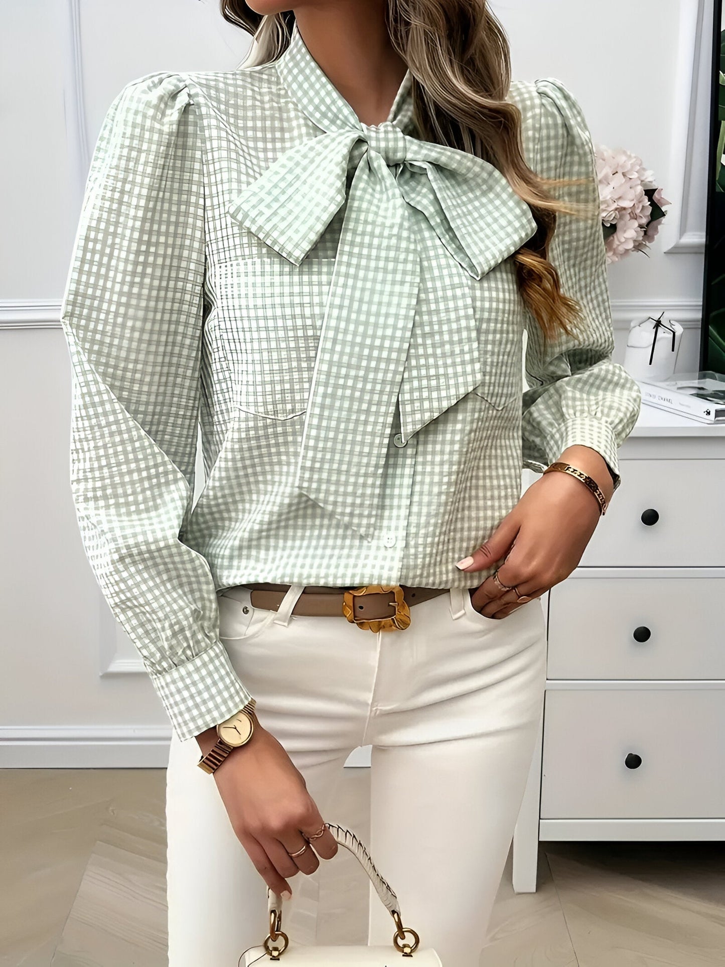 Cézanne | Elegant Checkered Blouse with Bow Tie 