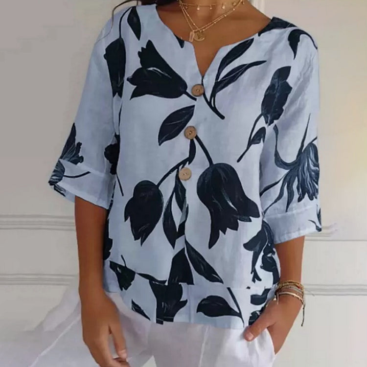 Jeanne | Blusa Floral Elegante – Botonadura Central y Mangas Cortas 
