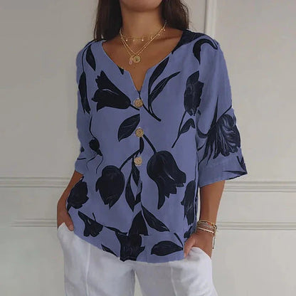 Jeanne | Blusa Floral Elegante – Botonadura Central y Mangas Cortas 